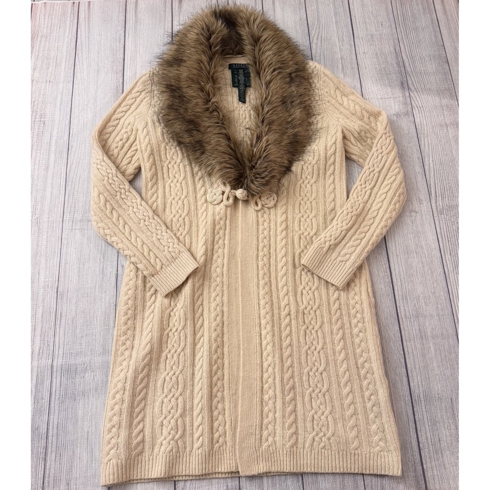 Lauren Ralph Lauren Lambswool Cable Knit Cardigan Faux Fur Collar Sweater Medium